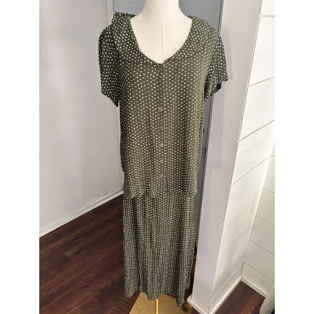 April Cornell Skirt Set Womens Medium Large Green Polka Dot Button Front Midi
